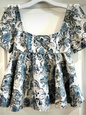 Free People Blue and Gray Floral Jacquard Top